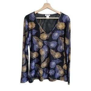 OOLALA Semi-sheer Peacock Feather Print V-neck Long-sleeved Shirt, Size Large